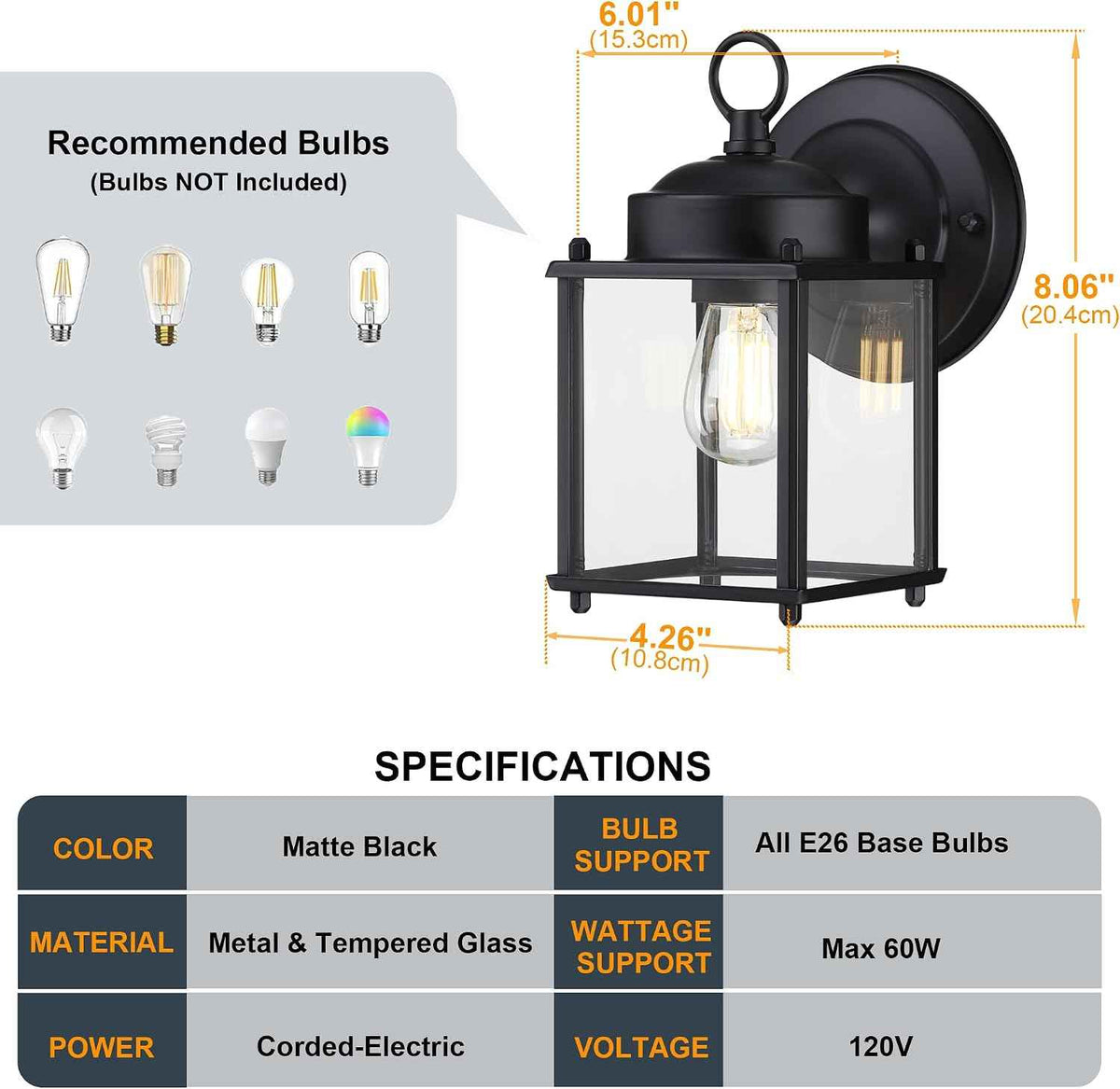GRUENLICH Outdoor Wall Light Fixture, Clear Glass, Black, 2 Pack | Exterior Porch Light Wall Sconce Lantern for House, Patio, Garage, Anti-rust Metal, E26 Socket 60W Max