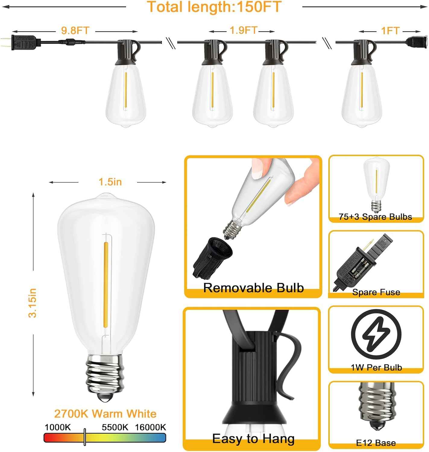 Svater Outdoor String Lights 150 FT Outside Patio Light 78 LED Bulbs | Waterproof Hanging Lighting For Bistro Cafe Market Backyard, Shatterproof Dimmable Edison Bulb, Warm White 2700K