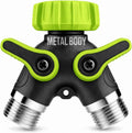 2 Way Hose Splitter Heavy Duty - Metal Y Garden Hose Splitter with Shutoff Valves, Brass Outdoor Faucet Adapter for Spigot, 3/4 Inch GHT Water Hose Connector - Green