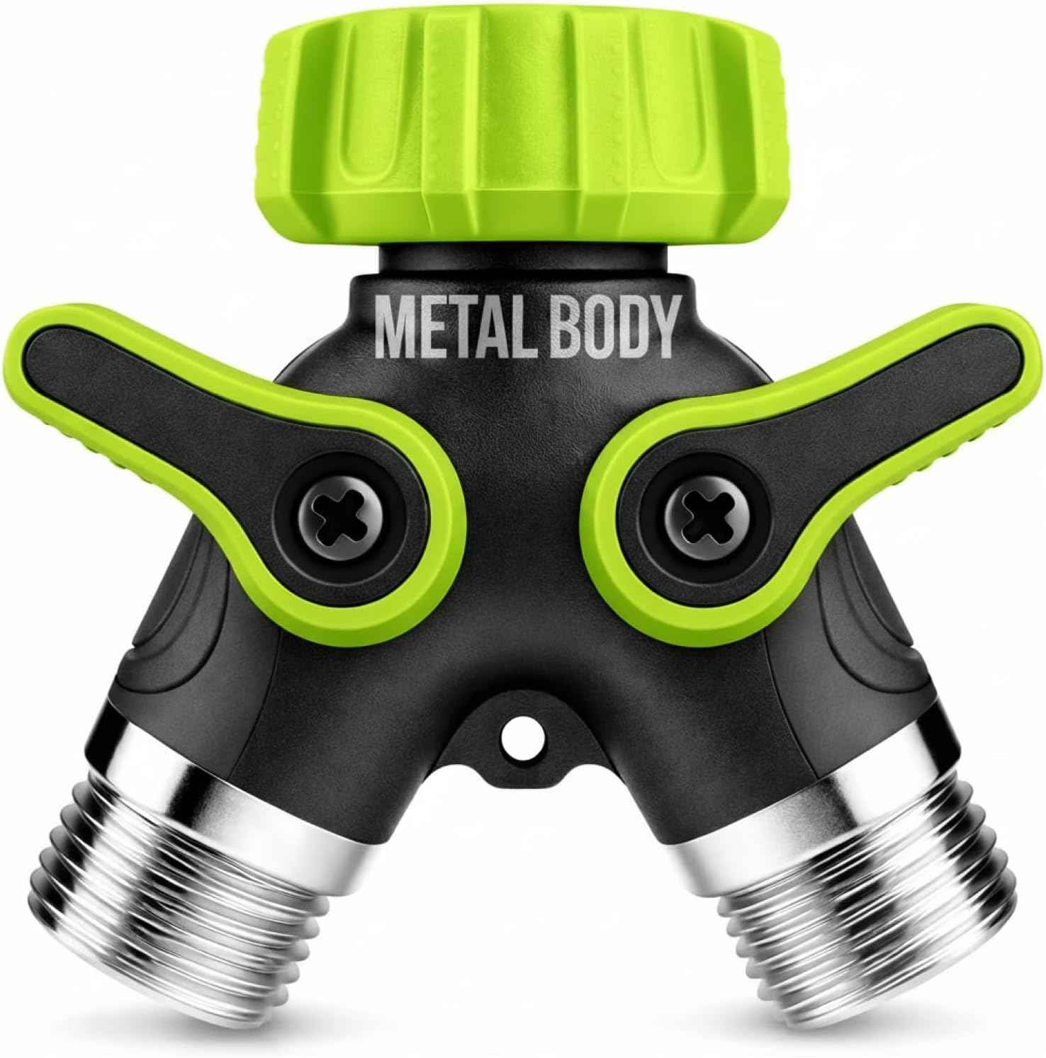 2 Way Hose Splitter Heavy Duty - Metal Y Garden Hose Splitter with Shutoff Valves, Brass Outdoor Faucet Adapter for Spigot, 3/4 Inch GHT Water Hose Connector - Green