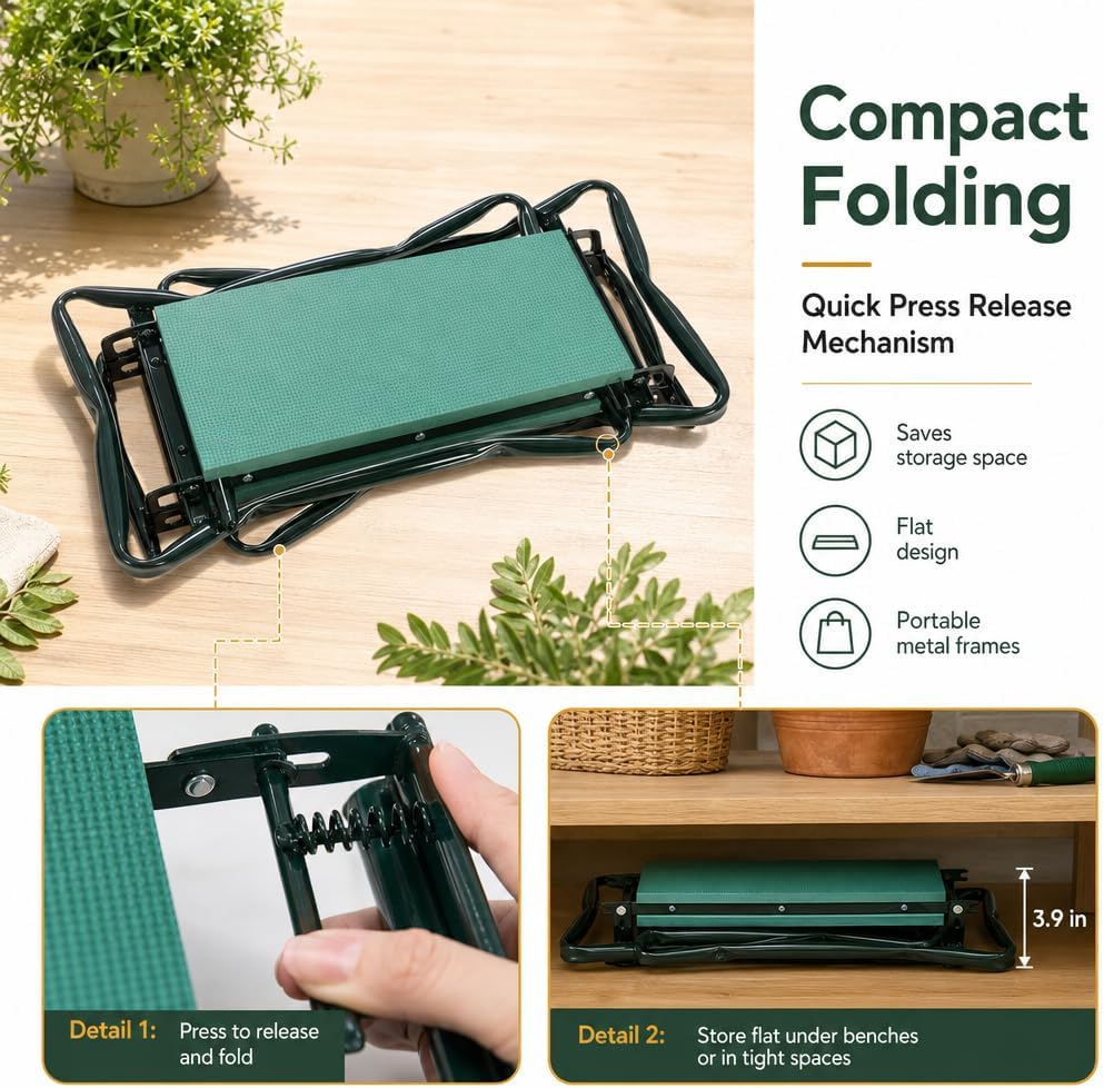 Garden Kneeler and Seat, Foldable Kneeling Stool with Thicker EVA Foam Pad, Heavy Duty Bench with Tool Pouch, Gifts for Outdoor Gardening, Fishing, Green, Arbor Day Gift