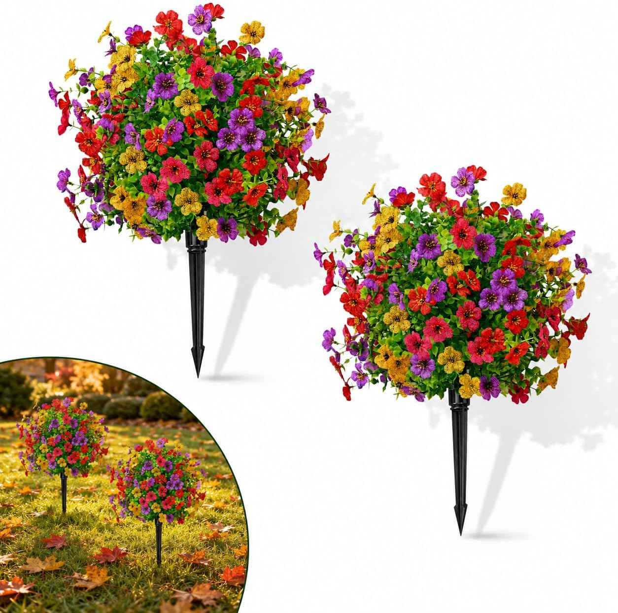LWW Artificial Outdoor Plants, UV Resistant Faux Flower Topiary Balls with Ground Stakes, 22 Inch Realistic Fake Greenery Bushes, Waterproof Fade Resistant, Porch Garden Yard Patio Decor(2 Pack)