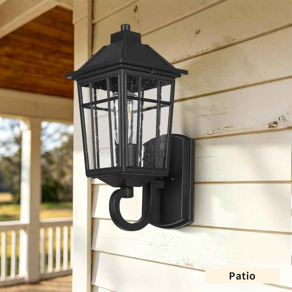 JYZ Outdoor Porch Light Wall Mount, 15" Exterior Wall Lighting Fixtures with Seeded Glass Shade, Anti-Rust Matte Black Outdoor Wall Sconce, E26 Base Outside Lantern for Front Door, Patio, Garage