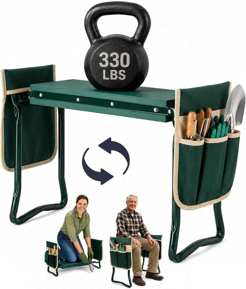 Flora Foldable Garden Kneeler and Seat – Heavy Duty Gardening Bench with Extra-Wide Soft Pad & 2 Tool Pouches – Durable Steel Frame Supports 330lbs, Perfect Gardening Gifts for Seniors, Women & Men