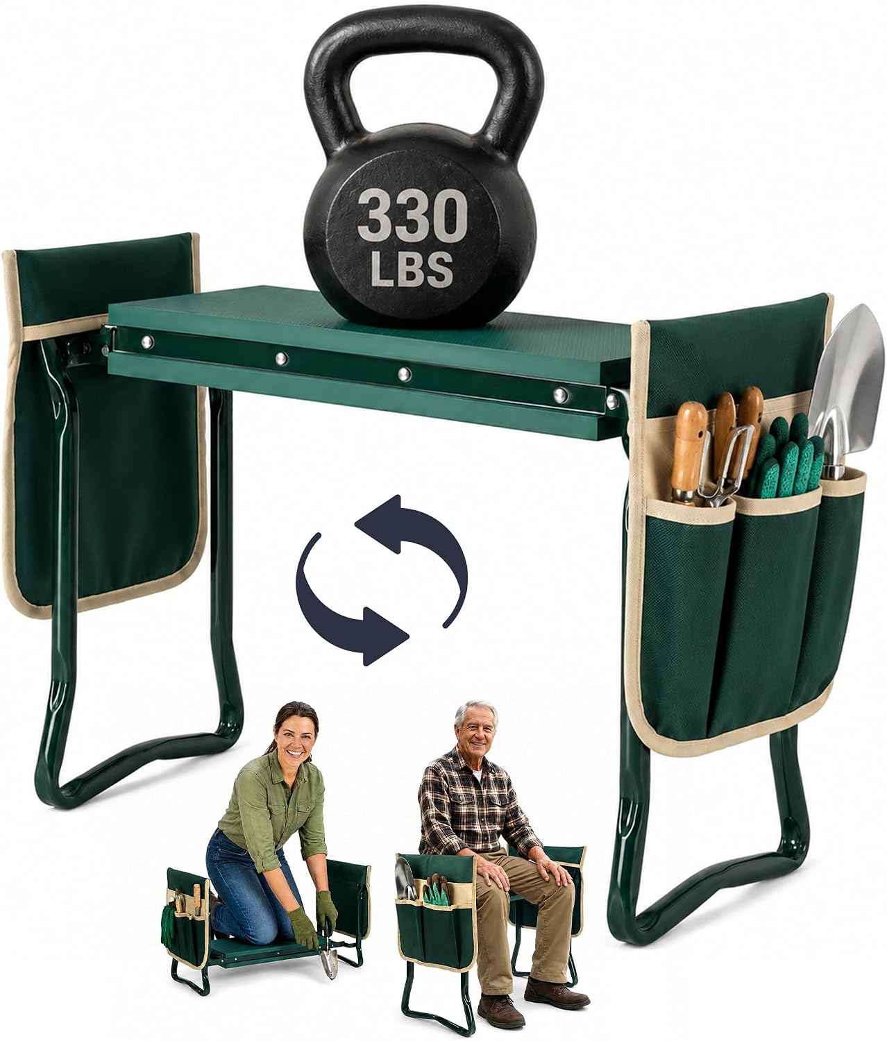 Flora Foldable Garden Kneeler and Seat – Heavy Duty Gardening Bench with Extra-Wide Soft Pad & 2 Tool Pouches – Durable Steel Frame Supports 330lbs, Perfect Gardening Gifts for Seniors, Women & Men