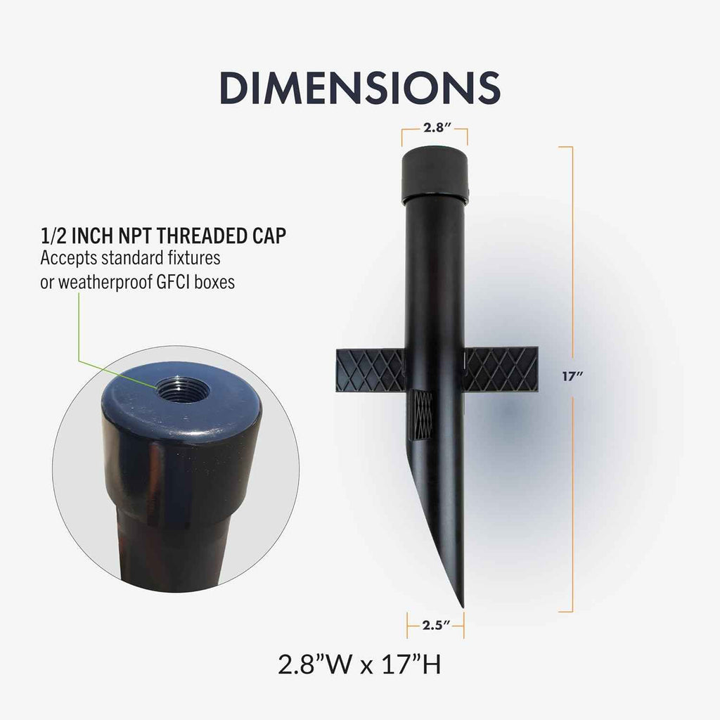 17" Outdoor Landscape Lighting Mounting Post – Heavy Duty ABS Ground Stake with Stabilizing Wings & 1/2" NPT Threaded Cap for Flood Lights, Spotlights & Outdoor Fixtures, MPOST17