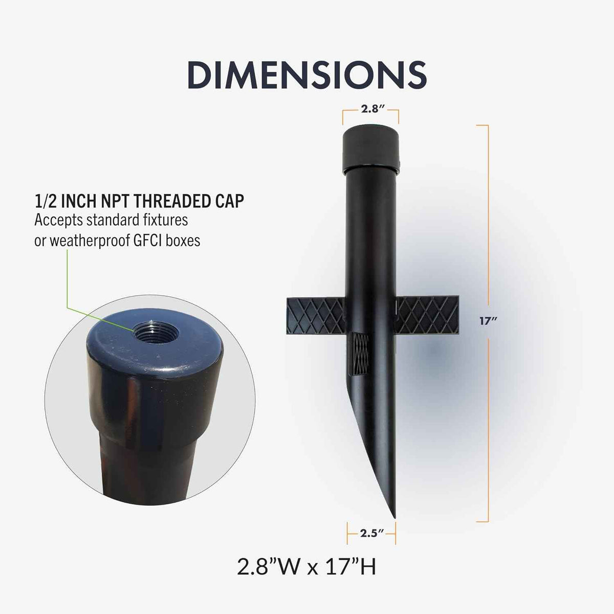 17" Outdoor Landscape Lighting Mounting Post – Heavy Duty ABS Ground Stake with Stabilizing Wings & 1/2" NPT Threaded Cap for Flood Lights, Spotlights & Outdoor Fixtures, MPOST17