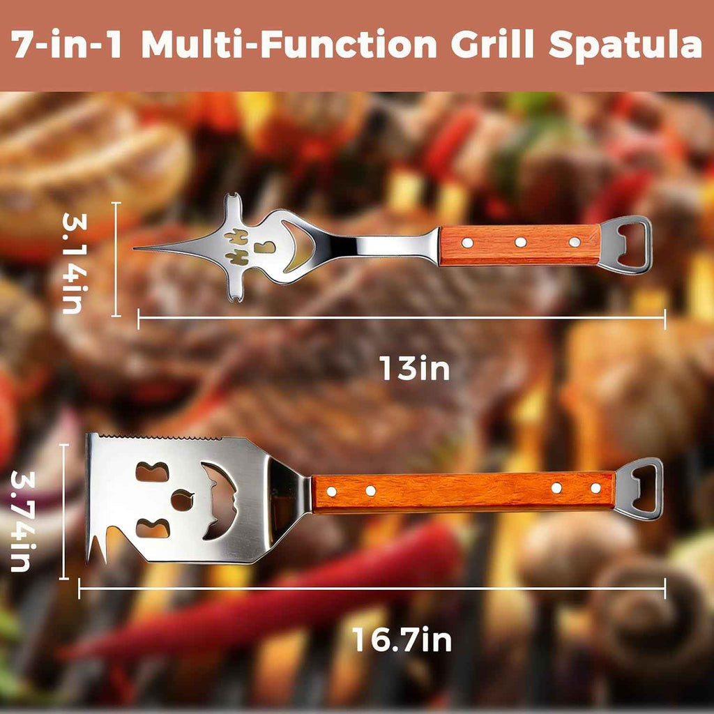 2 PCS Grilling Accessories Birthday Gifts for Men,Dad Funny Grill Tools Set | Heavy-Duty Stainless Steel 7-1 Grill Spatula & 5-1 Fork BBQ Tool Set with Wooden Handles,BBQ Accessories for Outdoor Grilling