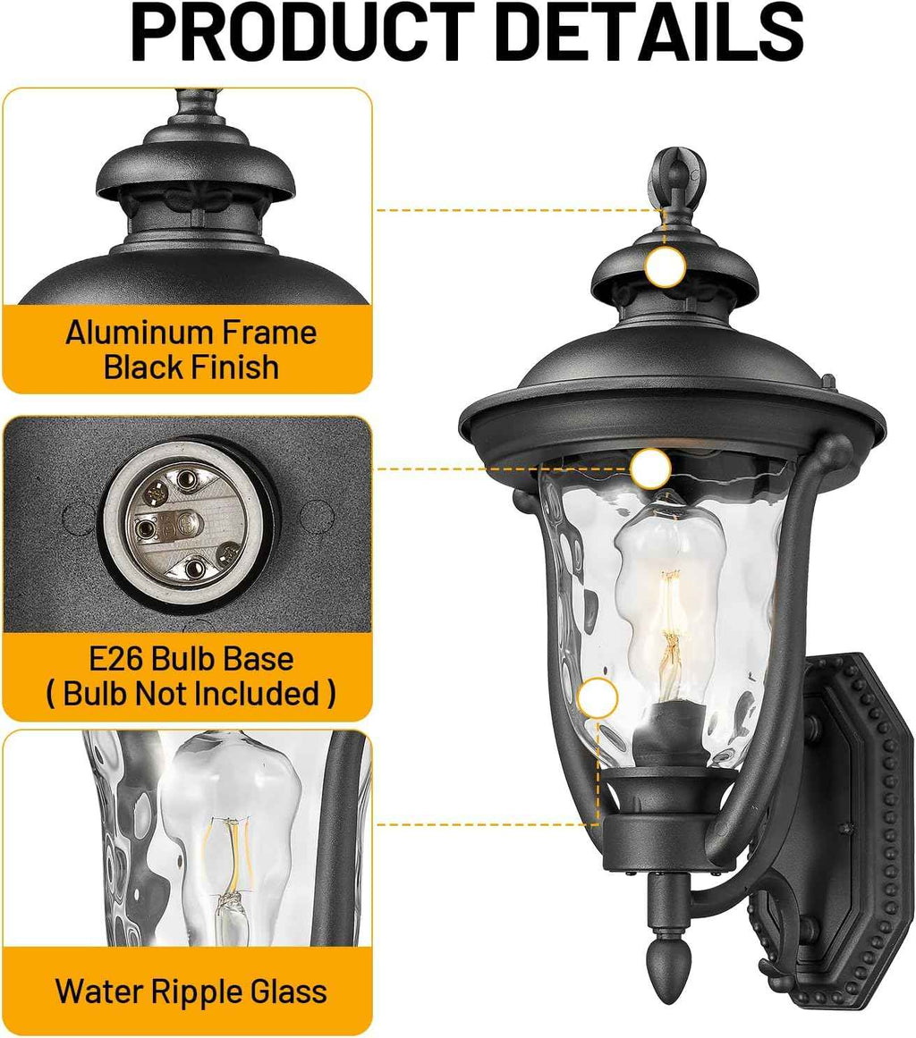 Porch Lights Outdoor Light Fixtures Wall Mount Exterior Lights | 18.7" Vintage Outdoor Wall Light with Water Ripple Glass Shade, Waterproof Aluminum Exterior Wall Sconce for Porch Patio Yard