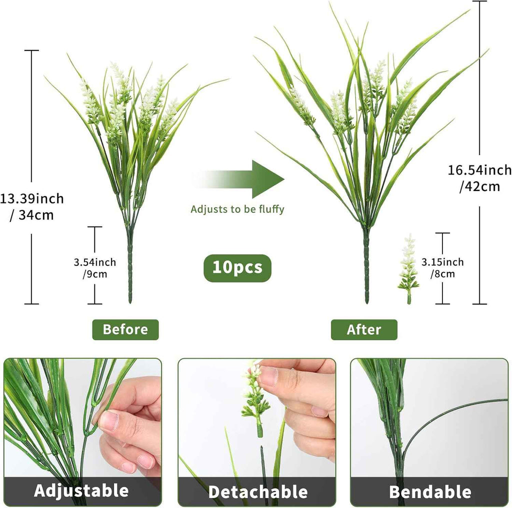 Outdoor Plants Artificial for Porch UV Resistant Faux Outdoor Plants | 10 Bundles Artificial Monkey Grass Fake Lavender Flower Faux Greenery Planter Filler for Patio Garden Porch Decor (White)