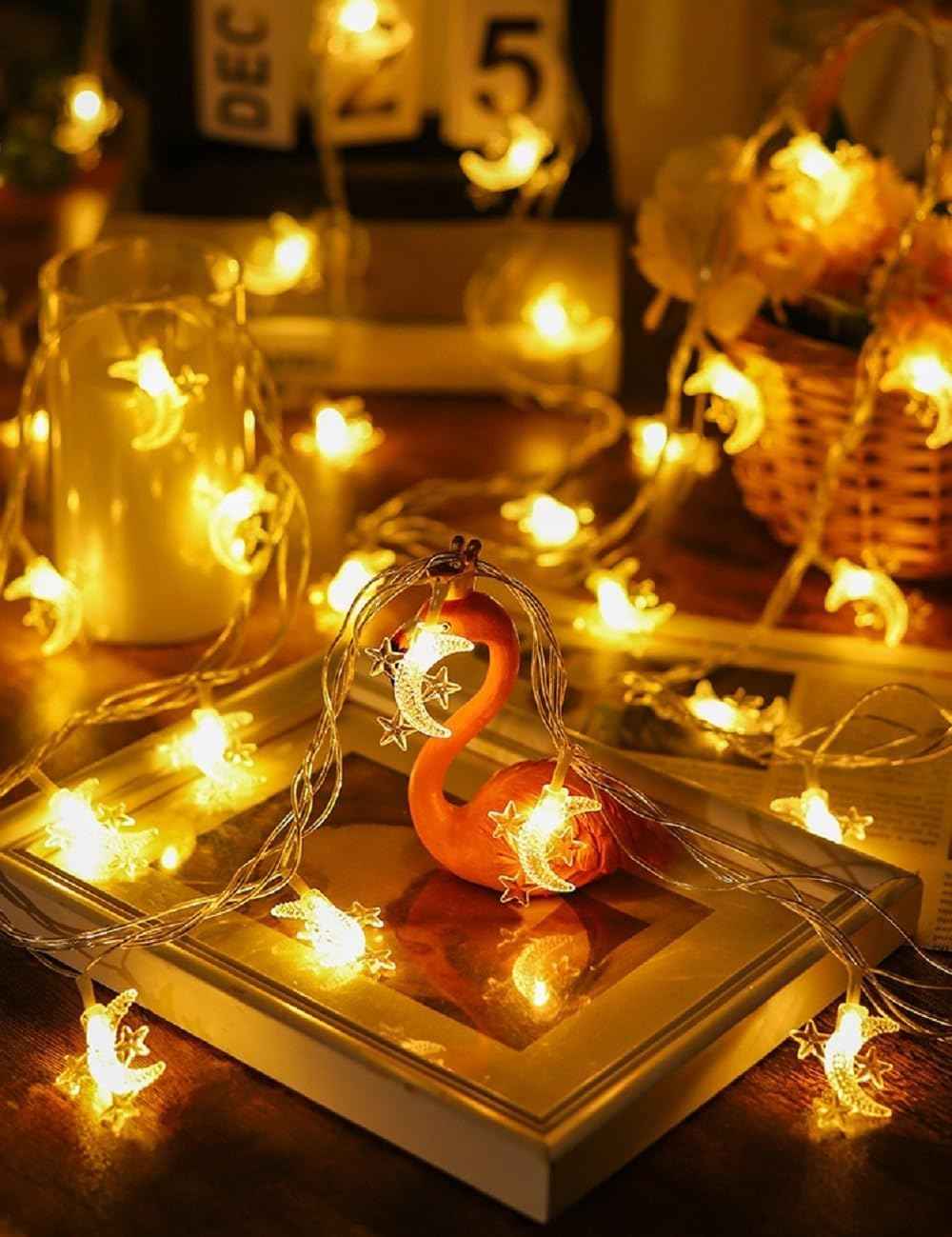 Moon Star String Lights Plug in, 10ft 20 LED Star and Moon Fairy Lights Warm White for Birthday Party Christmas Holiday Home Decoration