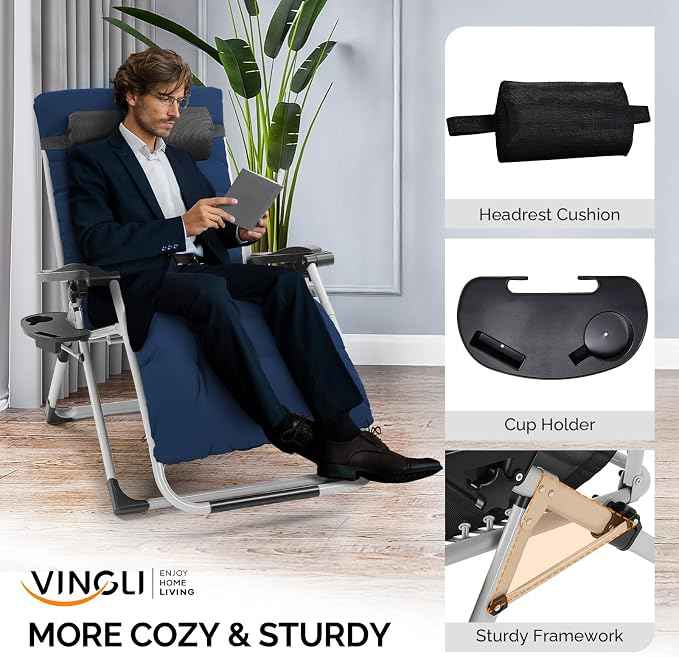 VINGLI 29" Padded Zero Gravity Chair, Lounge Chair