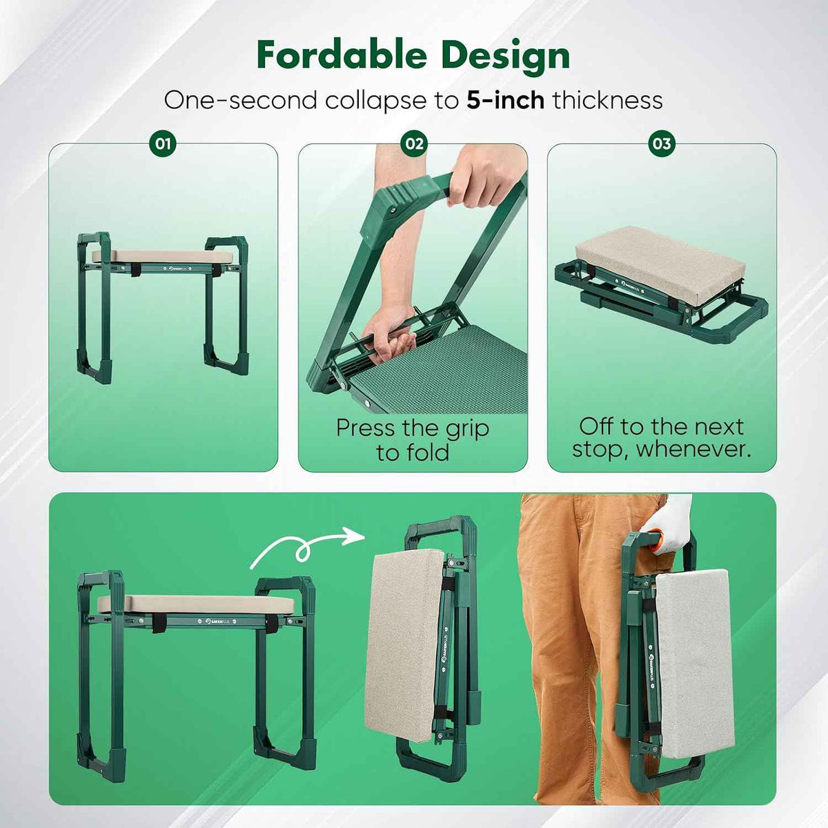SakerPlus Garden Kneeler and Seat, Heavy Duty Foldable Garden Stool | 10-inch thickened pad, 400 lb support, extendable legs and 8-pocket tool bag for gardening, weeding and seniors