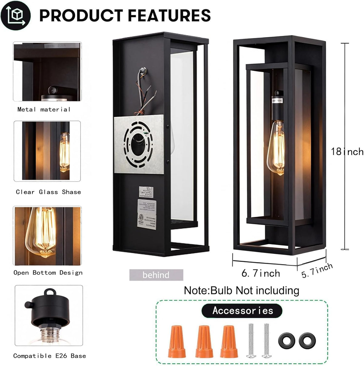 18 Inch 2 Pack Outdoor Wall Lantern Light Fixture，Large Black Exterior Wall Sconce with Clear Glass | Waterproof Anti-Rust Porch Light with E26 Socket for Entryway, Patio, Garage