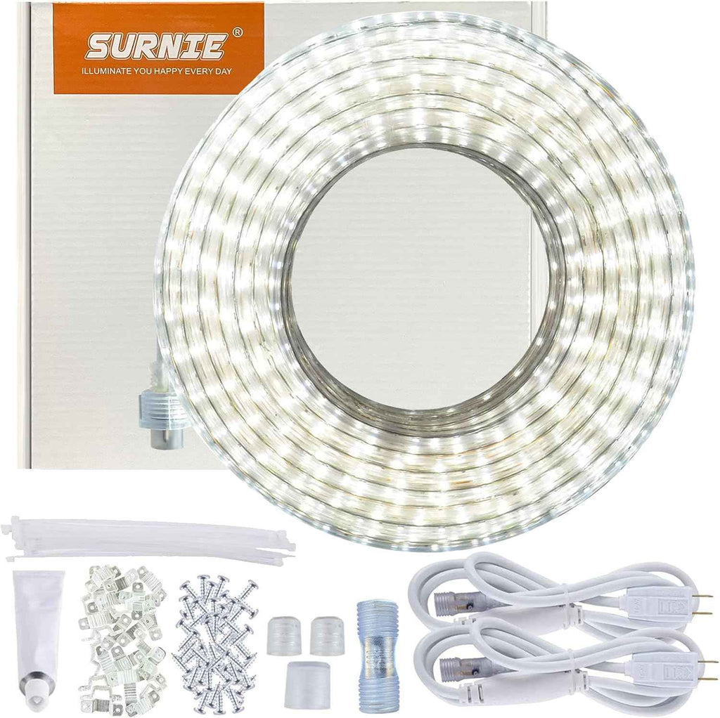 SURNIE 50ft LED Rope Lights Outdoor Waterproof, 110V Flexible Daylight White Bright Lighting Cuttable Connectable, Cool Clear Flat Strip Light 6000K for Outside Deck Patio Camping Decor, Not Tube Rope