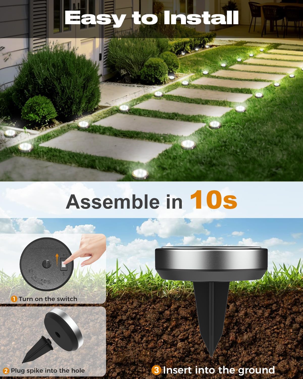 btfarm 16 Pack Solar Lights Outdoor Waterproof, 8 LED Solar Ground Lights | Stainless Steel, Easy-to-Install Flat Solar Disc Lights, Pathway Lights for Garden Lawn Patio Yard Path Landscape, Cool White