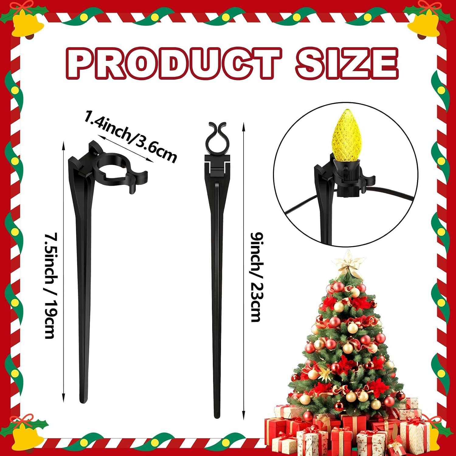 Augshy 24 Pack Christmas Light Stakes, 7.5 inch Yard Lawn Holiday Light Ground Stakes for C7 C9 Outside String Lights Universal Outdoor Light Holders for Christmas Decoration Garden Lawn Path Black