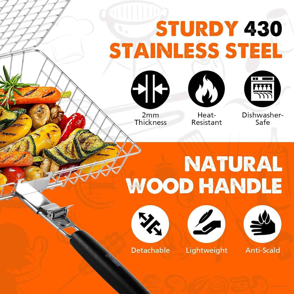 Grill Baskets for Outdoor Grill, 2 Pack Stainless Steel Grilling Baskets | Nesting Fish Grill Basket with Two Grid Sizes, Grilling Basket with Wood Handle for Shrimp, Vegetables, Burgers and Steaks