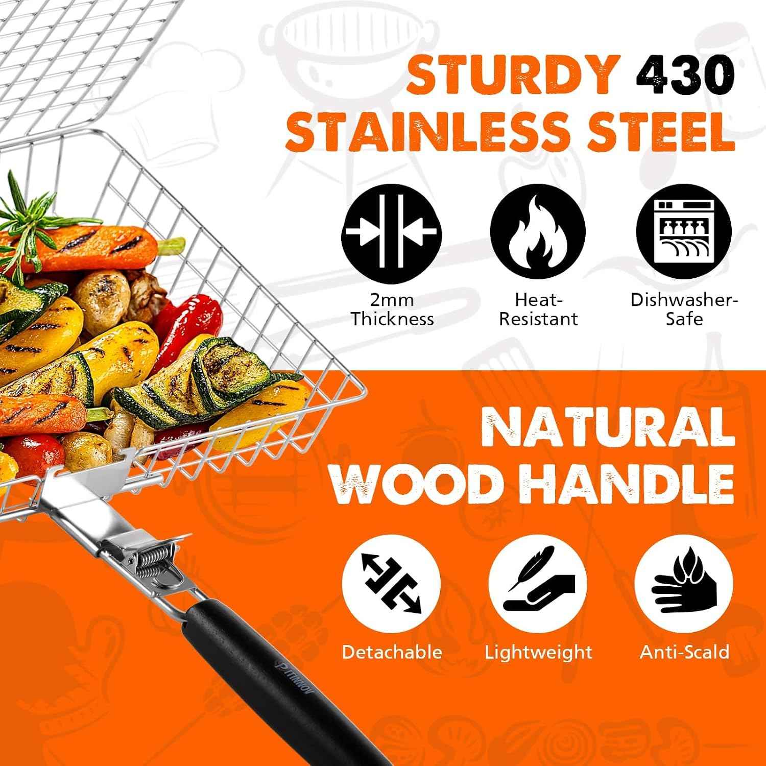 Grill Baskets for Outdoor Grill, 2 Pack Stainless Steel Grilling Baskets | Nesting Fish Grill Basket with Two Grid Sizes, Grilling Basket with Wood Handle for Shrimp, Vegetables, Burgers and Steaks