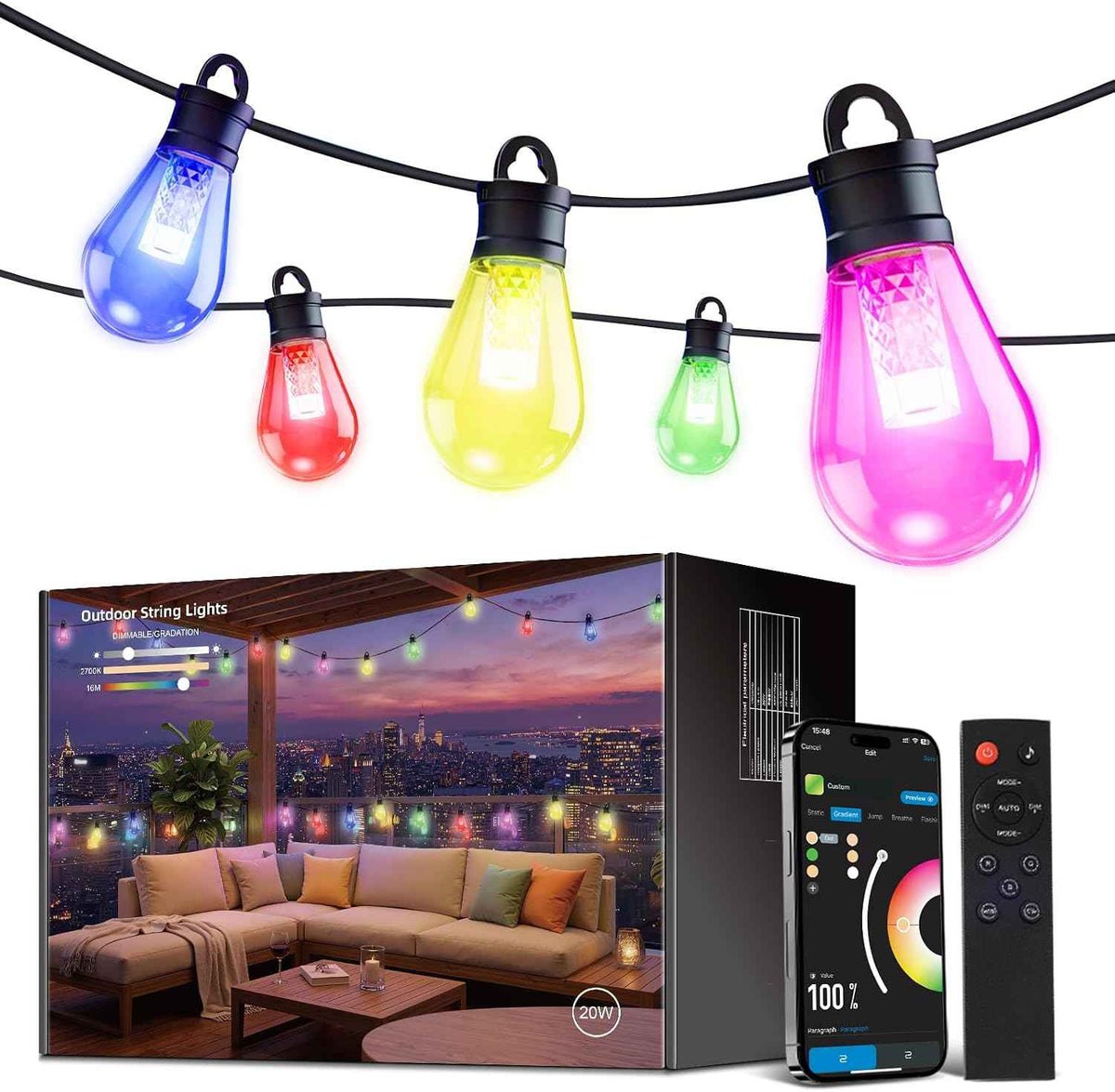 CDN Outdoor String Lights, 80FT Smart RGBW Patio Lights for Backyard | IP65 Waterproof, App, Alexa & Google Control, 111 Modes, Music Sync and Dimmable Warm White for Date Nights BBQs and Parties
