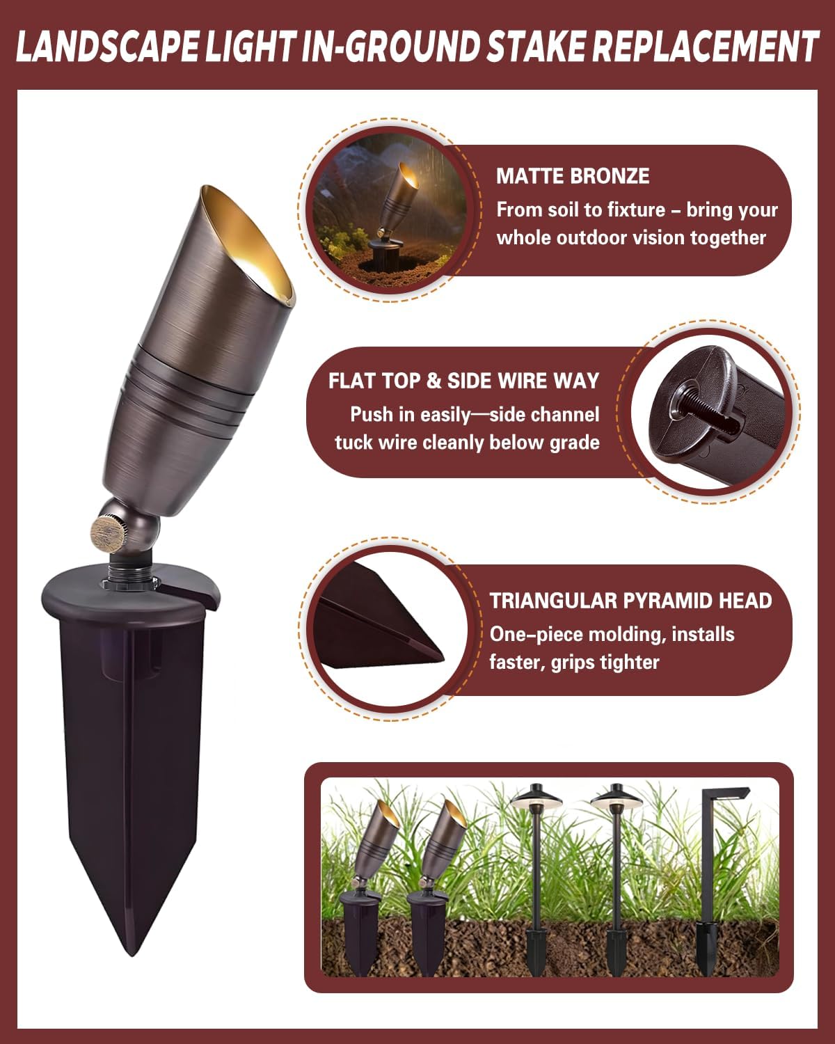 10 Pack 8'' Landscape Light Stakes, 1/2" NPT Thread ABS Light Spikes, Outdoor Ground Stakes with Side Wire Way, Garden Yard Replacement Stake for Landscape Lighting/Pathway Lights/Spotlights