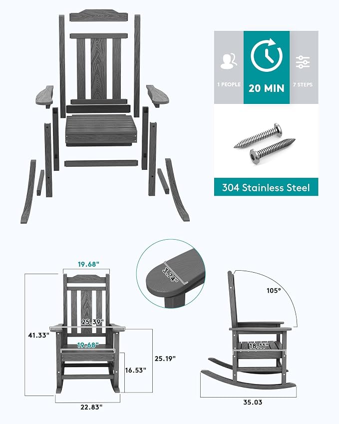 SERWALL Gray Outdoor Rocking Chair Set of 4, All Weather Patio Rocking Chair - Image 6