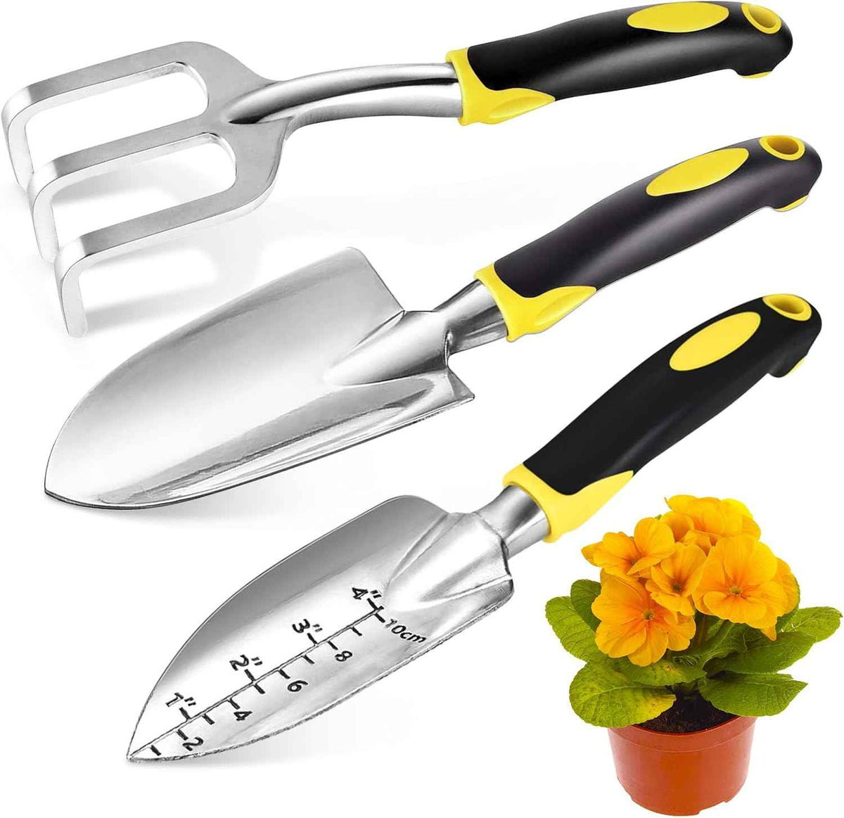 3 Pcs Heavy Duty Garden Tool Set, Garden Shovel Trowel, Weeding Hand Rake | Gardening Tool Set, Shovel, Trowel, Hand Rake, with Soft Rubberized Non-Slip Ergonomic Handle