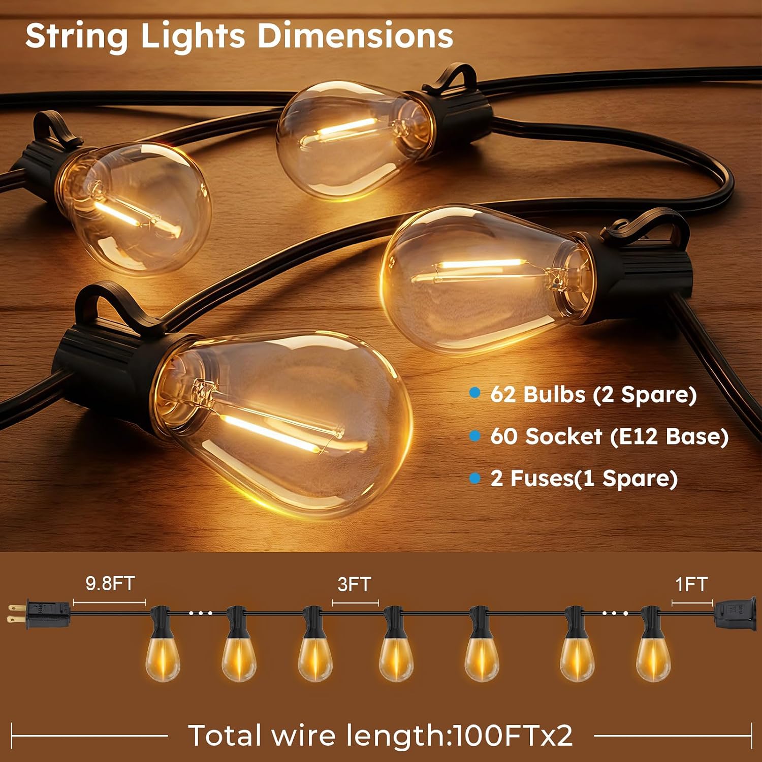 GvvooHome LED Outdoor String Lights, 200FT Waterproof Patio Lights with 62 Shatterproof S11 Plastic Bulbs, 2700K Warm White Edison Hanging Lights for Backyard, Garden, Porch, Bistro