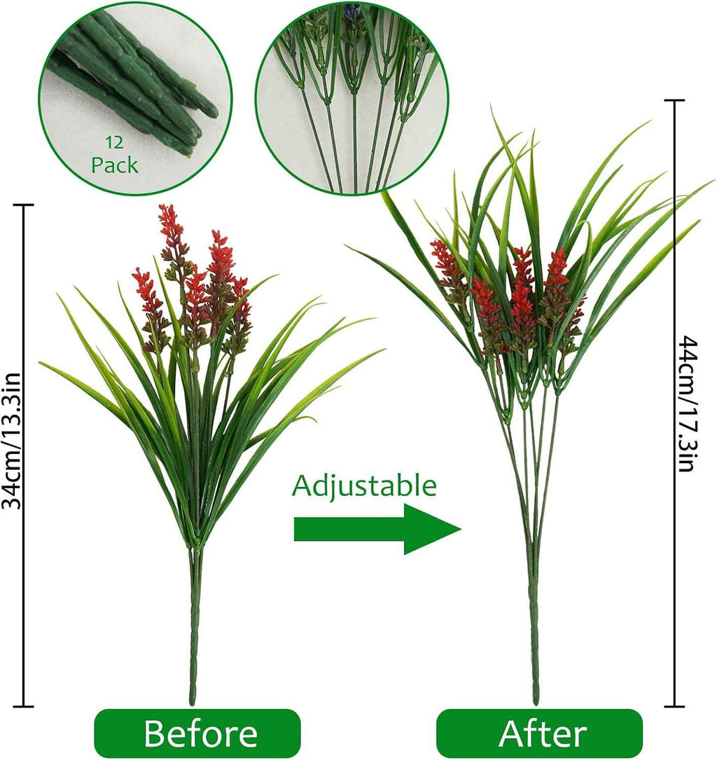 obbsie 12 Bundles Artificial Plants Outdoor, 18.2" UV Resistant Faux Monkey Grass Greenery Stems No Fade Faux Plastic Flowers Shrubs for Home Weddings Garden Porch Front Patio Office Decor - Red
