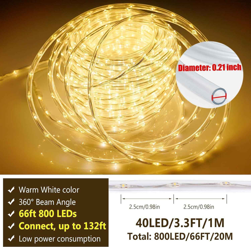 OMIKA Connectable 66FT 800LED Thin Rope Lights Outdoor, 0.21 Inch Diameter, Warm White Fairy Lights Plug in, Outdoor String Light Waterproof Lighting for Deck Patio Yard Garden Pathway Camping Decor