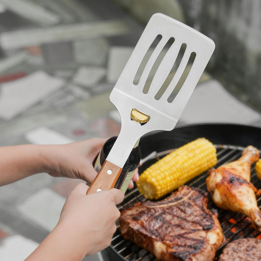 onlyfire 4PCS BBQ Tools, Stainless Steel Griddle Accessories | Grilling Utensil Set Including Grill BBQ Spatulas, Barbecue Tong, Grill Fork and BBQ Brush