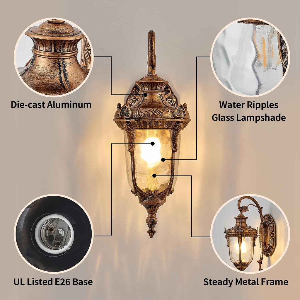 Vintage Gold Outdoor Wall Light Fixtures 17" Outside Wall Lantern Waterproof Exterior Porch Lights with Hammered Glass Shade Wall Sconce Light for House Front Door Garage Doorway Yard