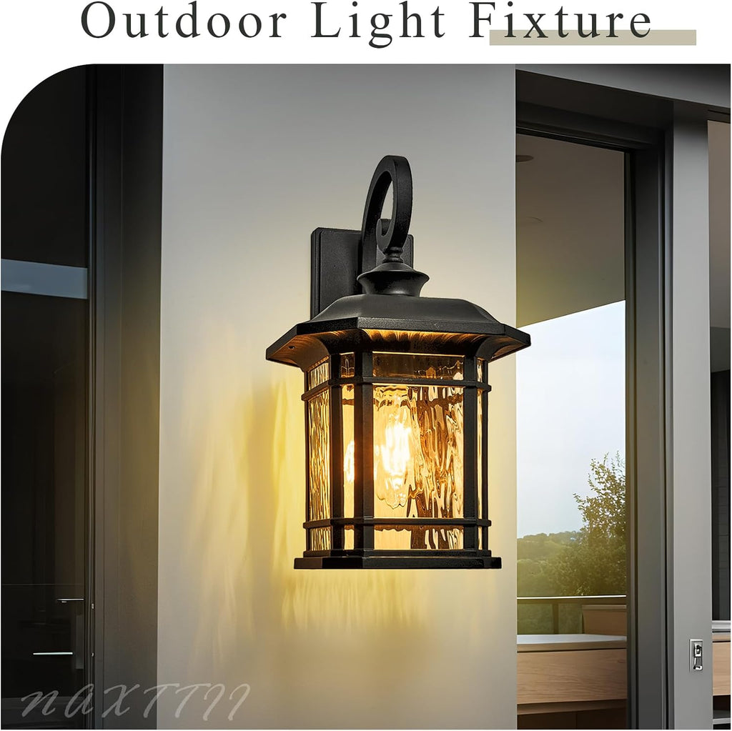 Outdoor Wall Lights Garage Outdoor Light Fixtures Waterproof Porch Light with Water Ripple Glass Black Finish E26 Socket Max 60W