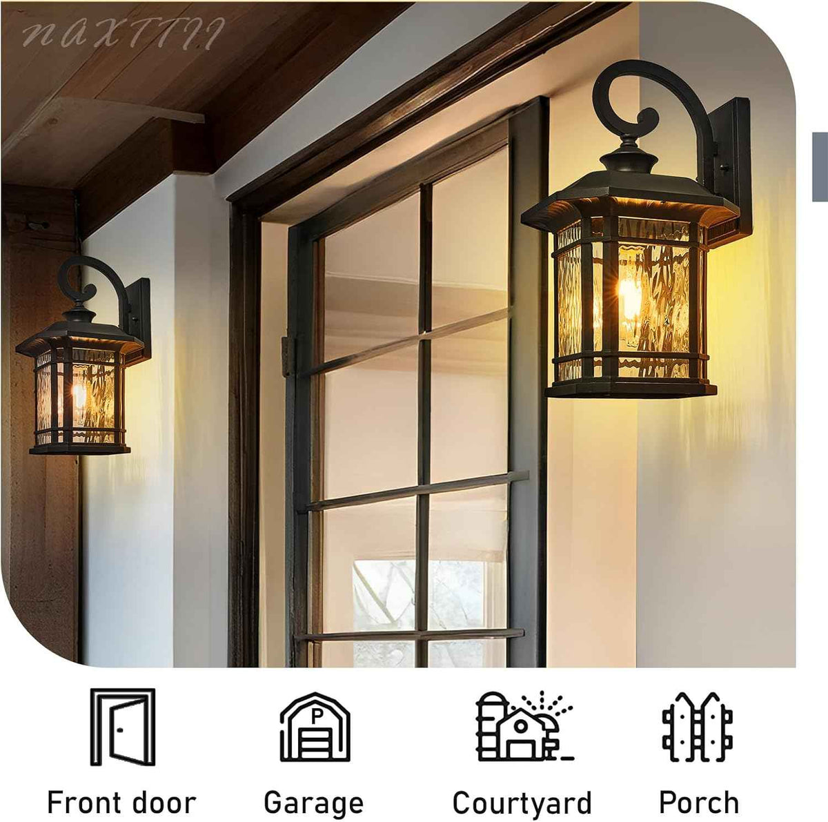 Outdoor Wall Lights Garage Outdoor Light Fixtures Waterproof Porch Light with Water Ripple Glass Black Finish E26 Socket Max 60W