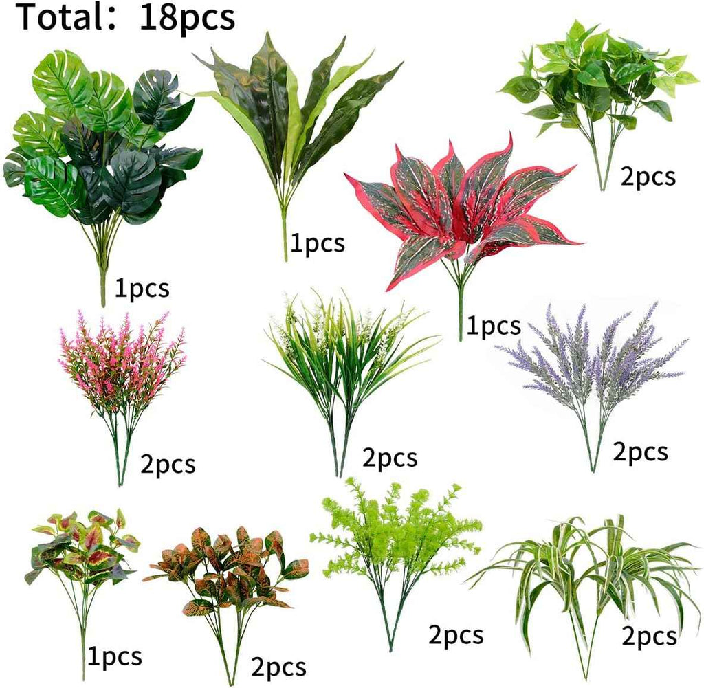 18 PCS Artificial Outdoor Plants, Fake Plants Mix | UV resistant faux plants with 10 varieties for window boxes, planters, porch, patio and garden decor