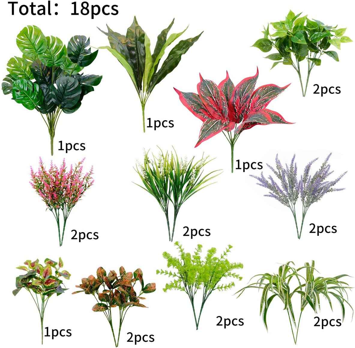 18 PCS Artificial Outdoor Plants, Fake Plants Mix | UV resistant faux plants with 10 varieties for window boxes, planters, porch, patio and garden decor