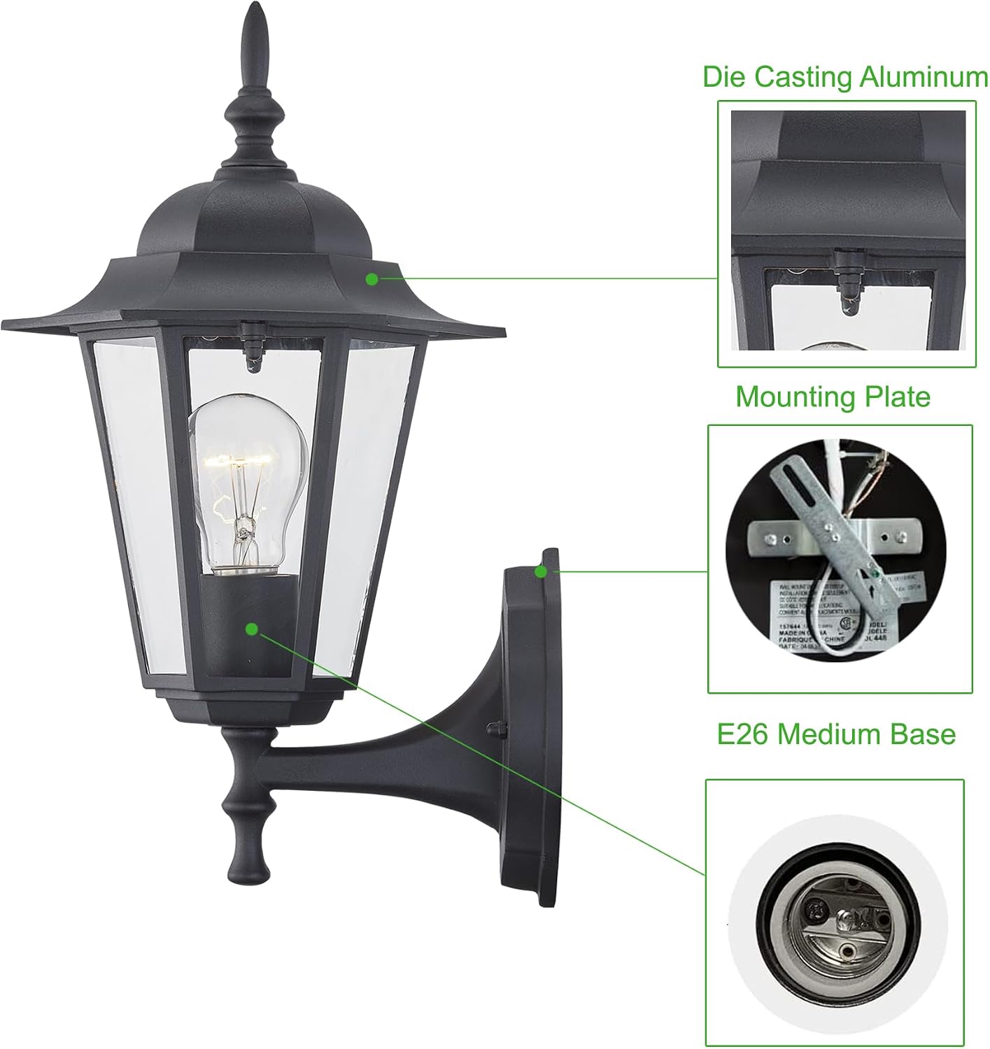 WISBEAM Outdoor Wall Lantern, Black Wall Sconce for House Porch Lighting Fixture, E26 Base 60W Max, Metal Housing Plus Glass, Wet Location Rated, ETL Qualified, Bulbs not Included
