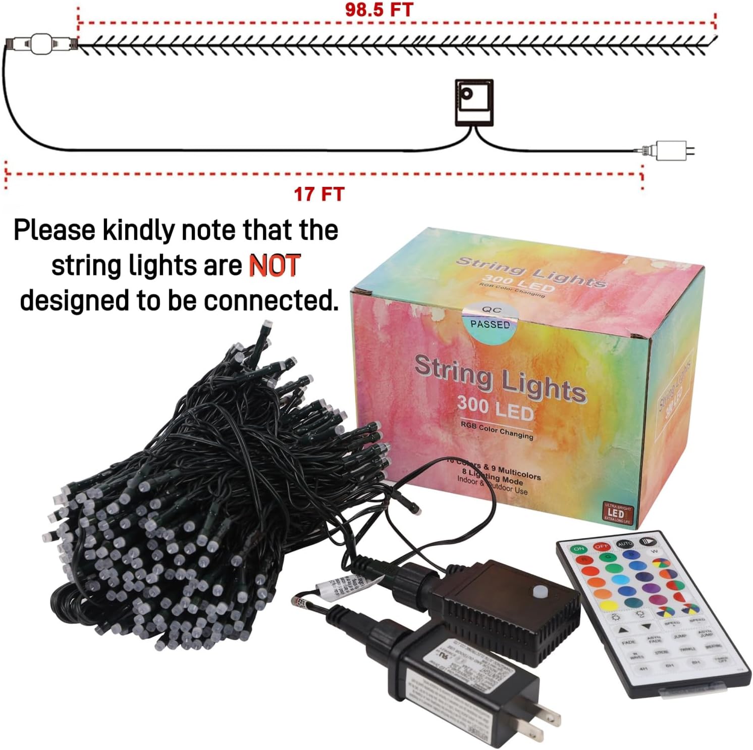 LJLNION 98.5ft Christmas Lights Color Changing with Remote, 300 LED RGB Fairy String Lights Halloween Decorative Lights, 8 Lighting Modes & Timer, Plug in Indoor Outdoor Xmas Wedding Party Decor