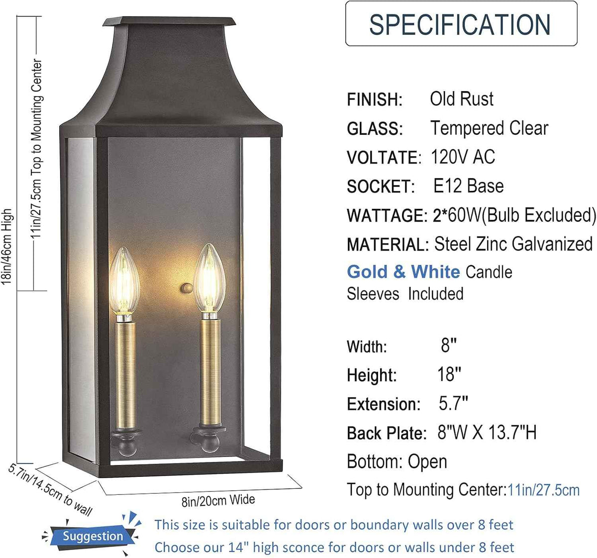 18"Medium Classic Outdoor Wall Lantern Light For House Exterior,Handcrafted Old Rust Metal Cage Mounted Pocket Wall Sconce W/Clear Tempered Glass,Waterproof for Porch, Patio, Garage&Front Door E12