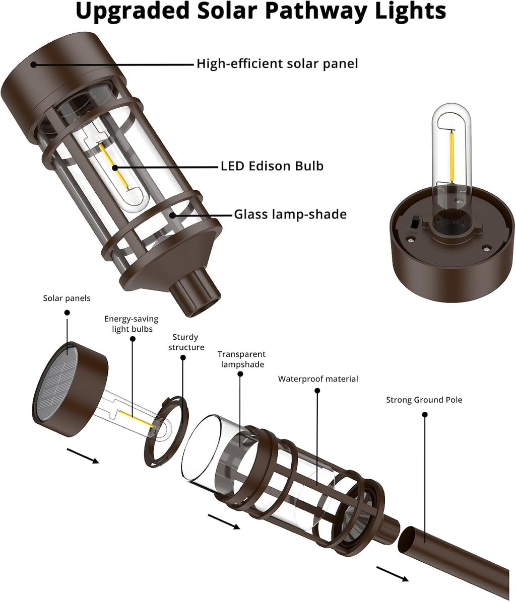 ILANCK Solar Pathway Lights Outdoor Solar Lights 8 Pack Metal & Glass Design - Waterproof Auto On/Off Bright Long-Lasting Garden Landscape Lighting Walkway Driveway