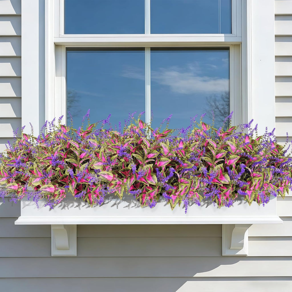 Artificial Outdoor Plants, 20 Bundles Faux Plants for Outdoor Planters, Realistic Coleus Greenery with Purple Flowers, UV Resistant for Porch Patio Garden Decor