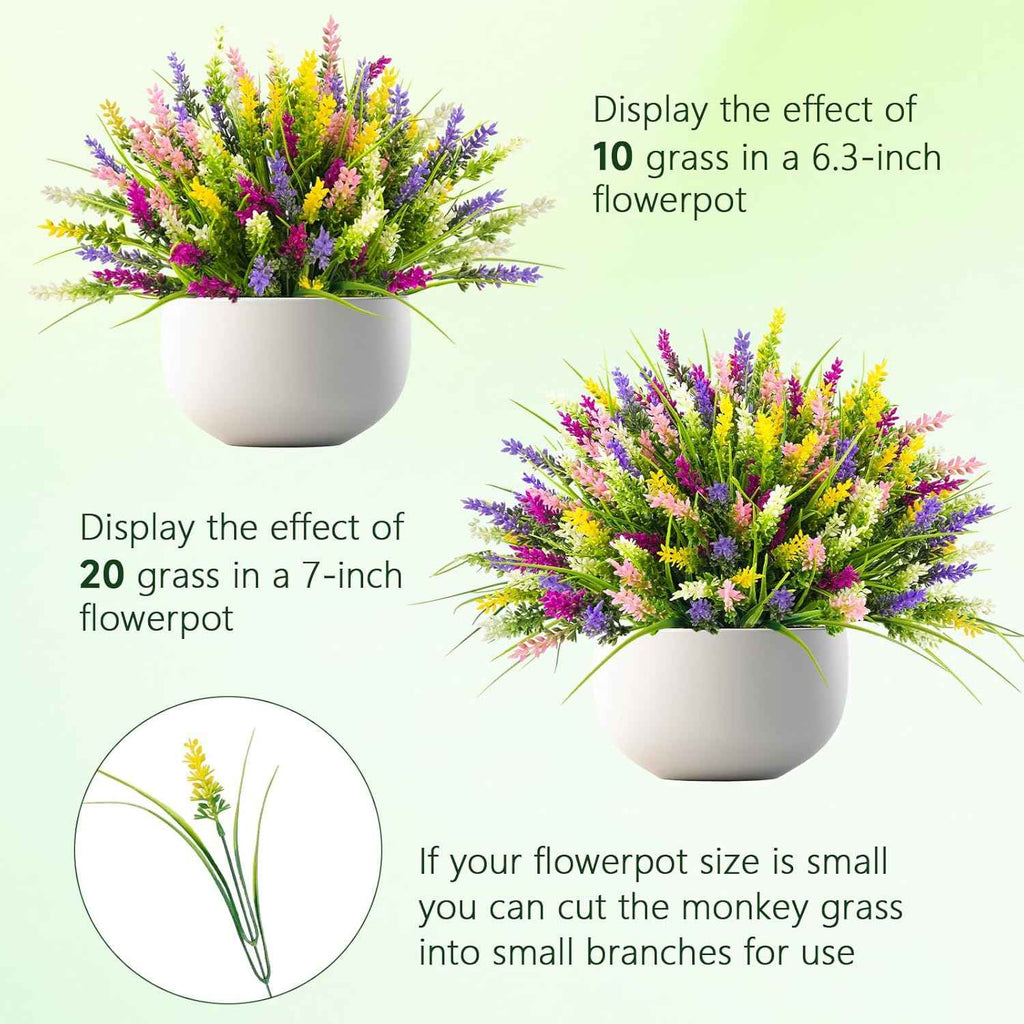 N&T NIETING 10 Bundles Artificial Plants Outdoor Fake Monkey Grass with Flowers Summer Plastic Faux Greenery for Pot Garden Verandah Decor Window Patio Hanging Planter Pathway Front Porch (Mix Color)