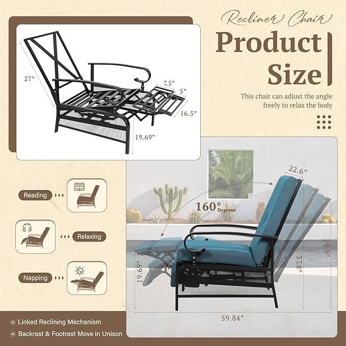Oakcloud Adjustable Outdoor Lounge Chair Metal Patio Relaxing Recliner Chair Set - Image 3