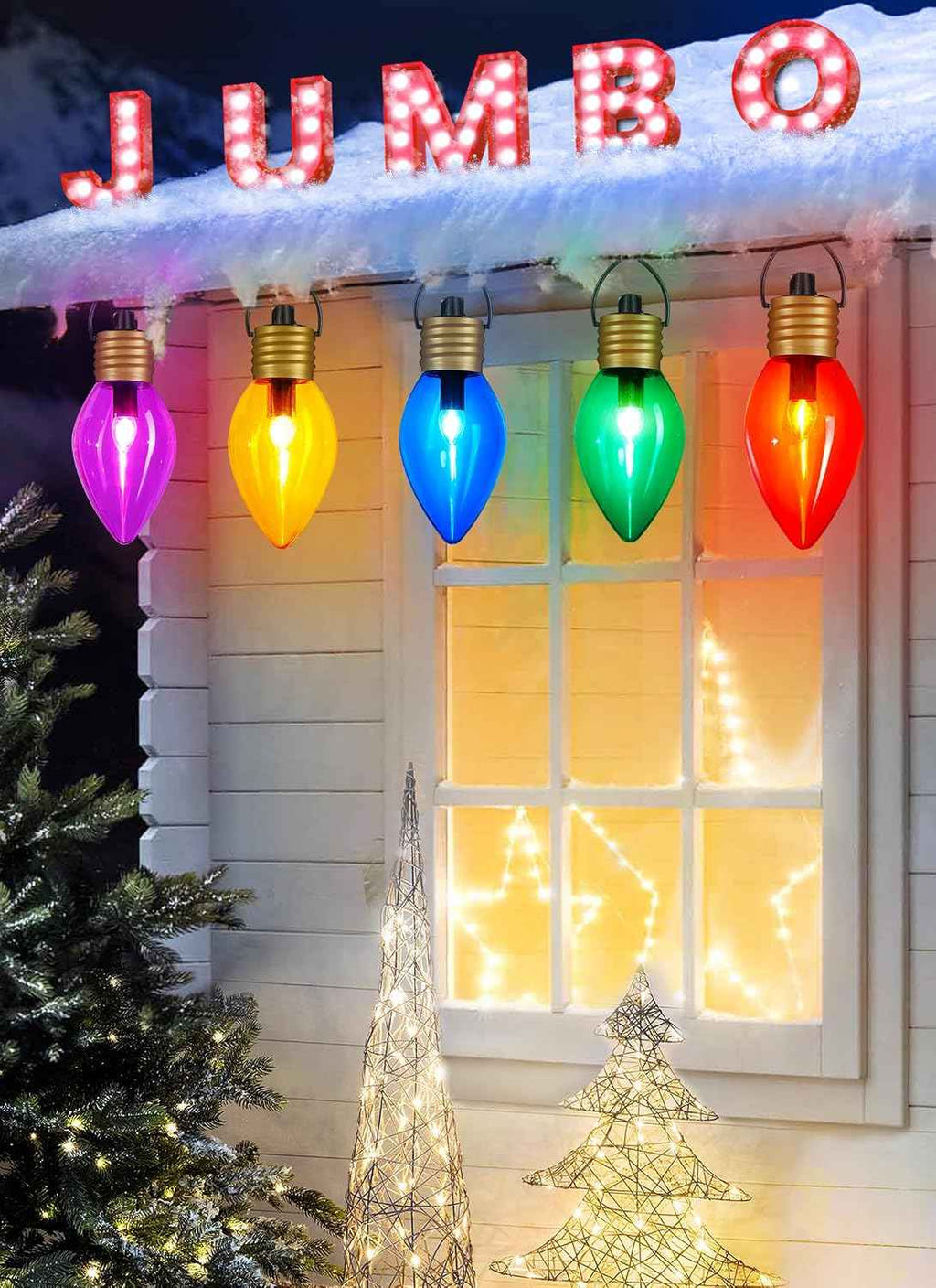 Jumbo C9 Christmas Lights Outdoor Decoration Lawn with Pathway Marker Stake | 8 Feet 5 LED C9 Pathway Lights Covered Multicolor Bulb, Connectable Waterproof Christmas Outside Decorations for Holiday Yard