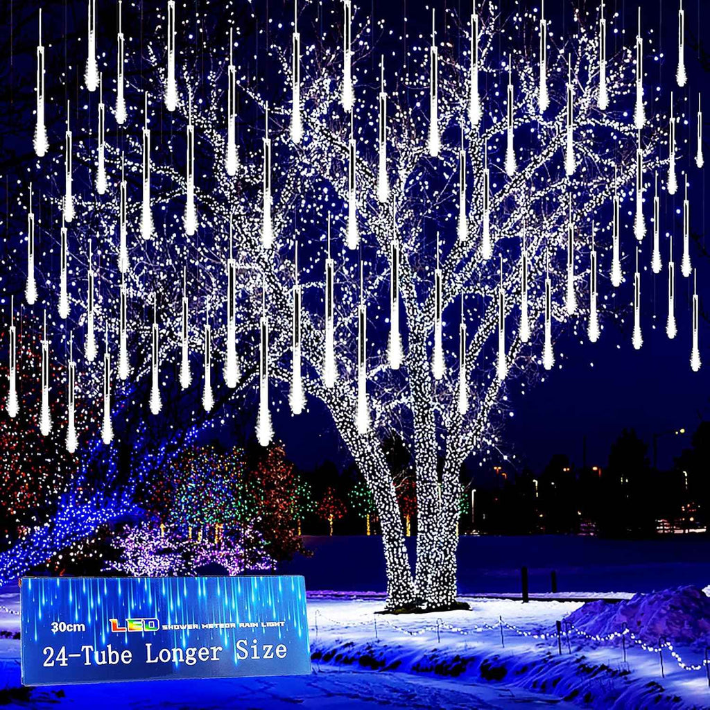 Christmas Lights Outdoor, 24 Tubes Meteor Shower Lights for Xmas Decoration | Equal to 3 Sets of 8-Tubes, Waterproof Snow Falling Icicle Lights for Xmas Yard Tree Party Window House, UL Plug, White