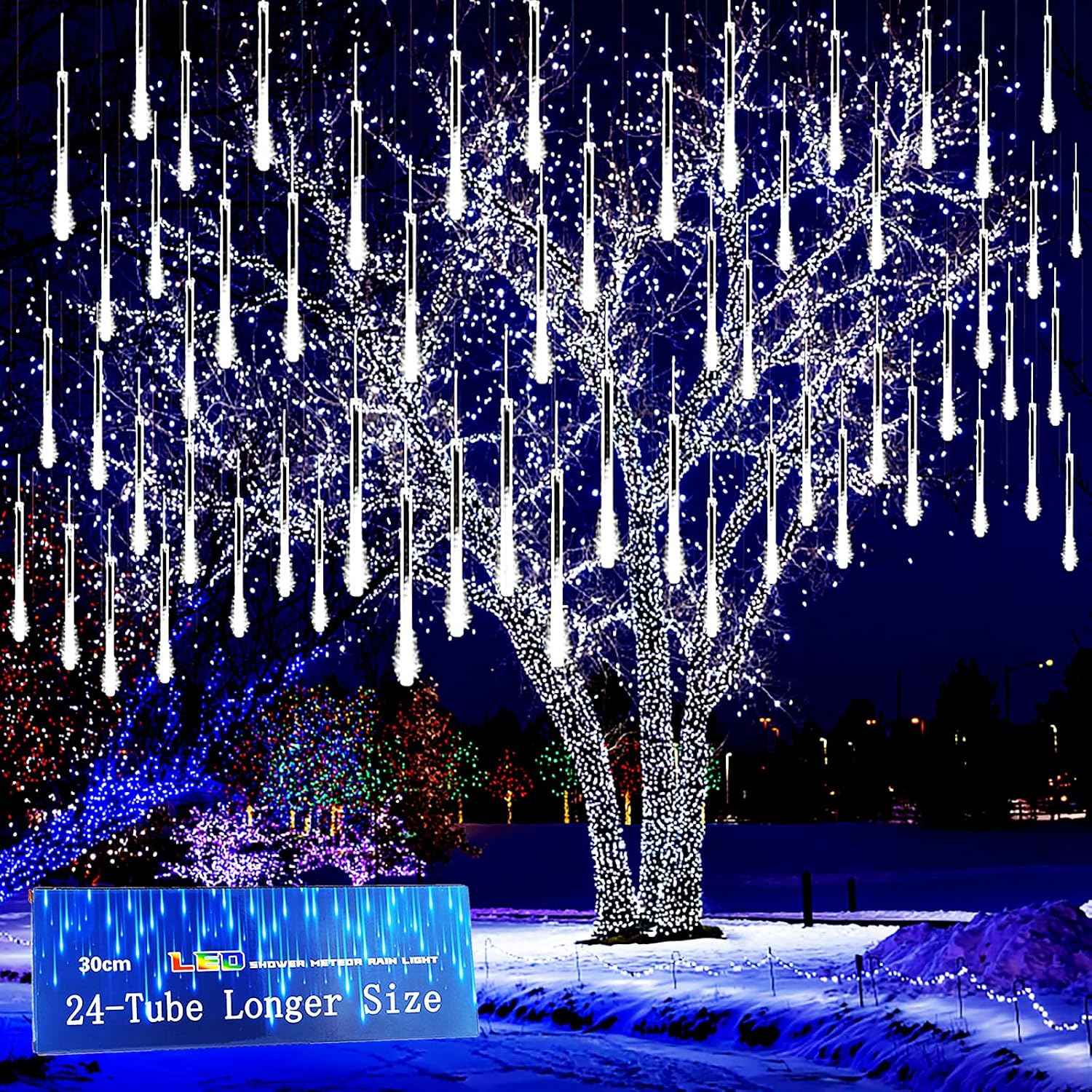 Christmas Lights Outdoor, 24 Tubes Meteor Shower Lights for Xmas Decoration | Equal to 3 Sets of 8-Tubes, Waterproof Snow Falling Icicle Lights for Xmas Yard Tree Party Window House, UL Plug, White