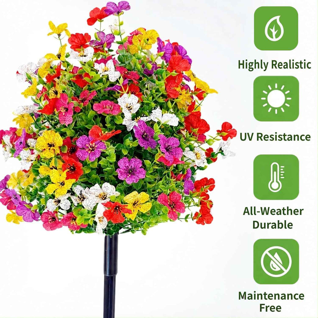 2 Pack Artificial Boxwood Topiary Ball Tree with Violet Flowers, 23.6" UV Resistant Faux Greenery Shrubs Plants with Ground Spike for Outdoors, Fake Bushes for Garden Front Porch Yard Decor