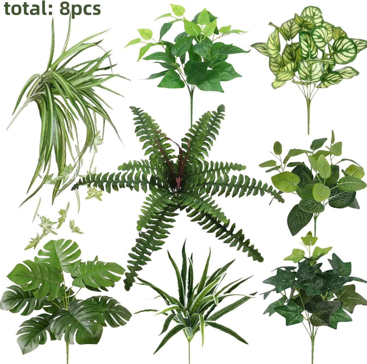 Artificial Plants Faux Greenery for Outdoor Porch Planter Summer Decor | Fake Realistic UV Resistant Large Shrubs Bushes Green Filler for Outside Front Door Patio Decoration, 8 Bundles
