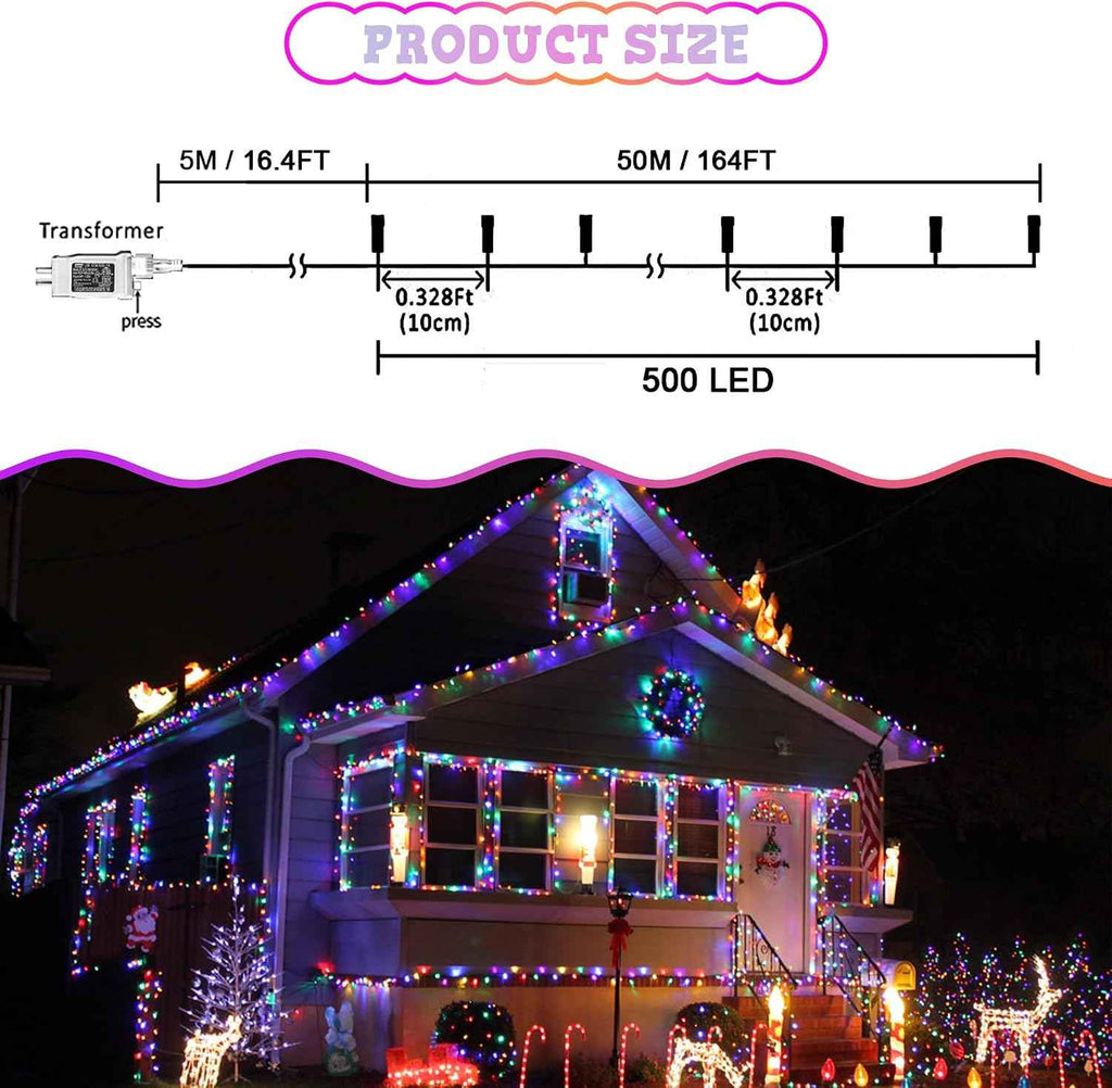 weillsnow 164 FT 500 LED Christmas Lights Outdoor, Waterproof Christmas Fairy Lights with Timer, Plug in Multicolor LED String Lights with 8 Modes for Bedroom Wedding Party Xmas Decoration