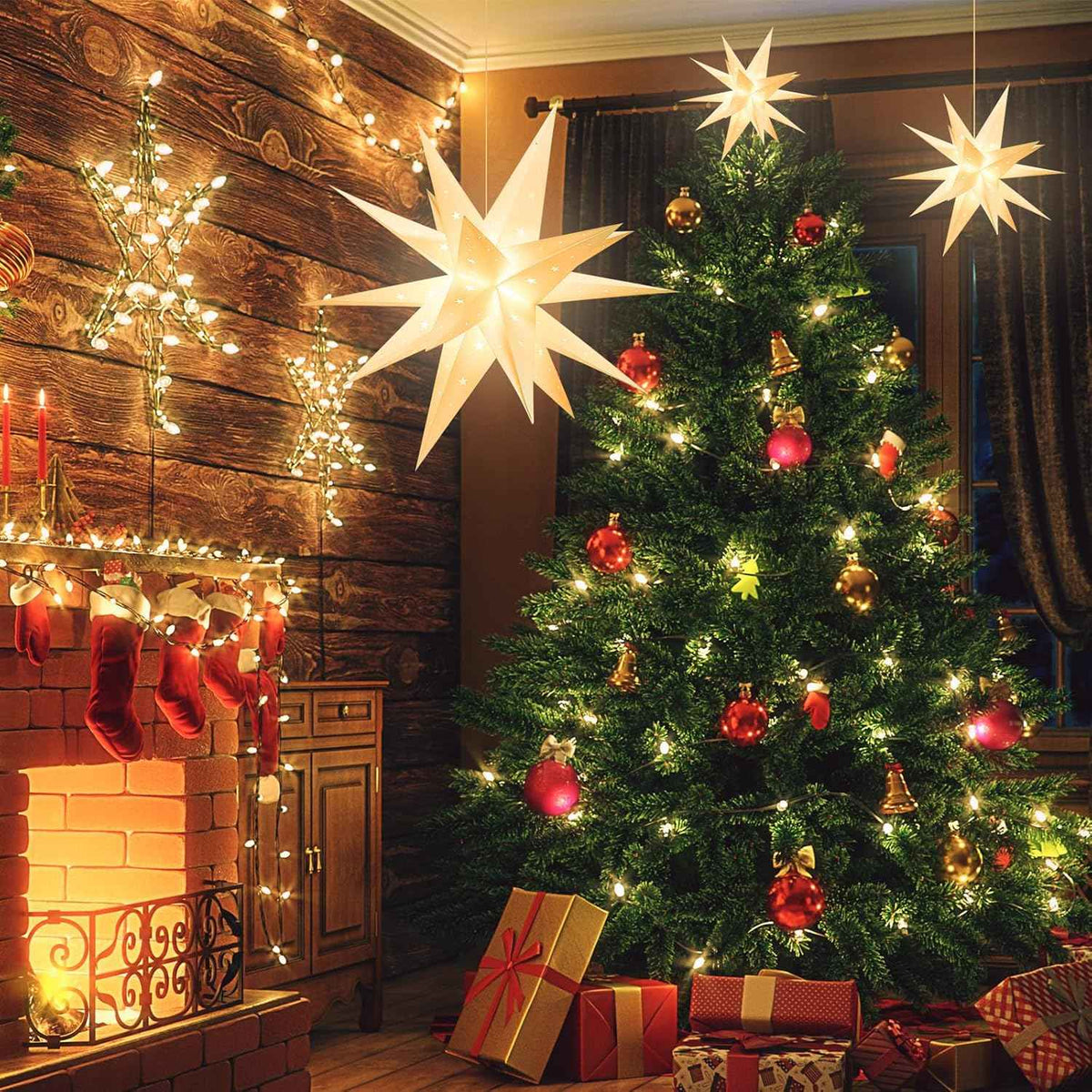 23" Plug-in Moravian Star Outdoor Light with Timer, Warm White 3D PVC Christmas Star IP44 Waterproof Hanging Decoration for Porch, Garden, Wedding, Indoor Holiday Display